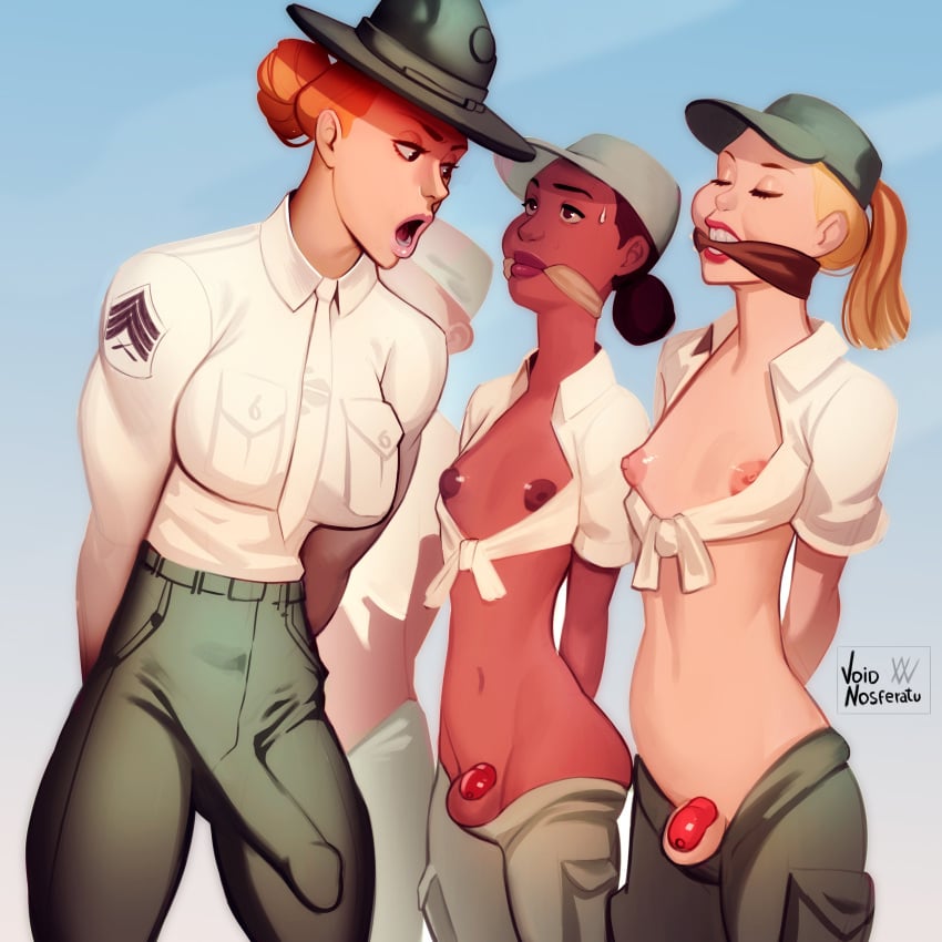 1futa 2boys army army_uniform balls black_hair breasts bulge cameltail chastity chastity_cage chastity_device clothed clothing cock_cage drill_instructor erection erection_under_clothes fully_clothed futanari gag gagged human large_penis light-skinned_futanari light_skin male military military_hat military_uniform mostly_nude nipples pale_skin penis penis_bulge penis_size_difference penis_under_clothes red_hair sergeant small_penis standing tenting voidnosferatu