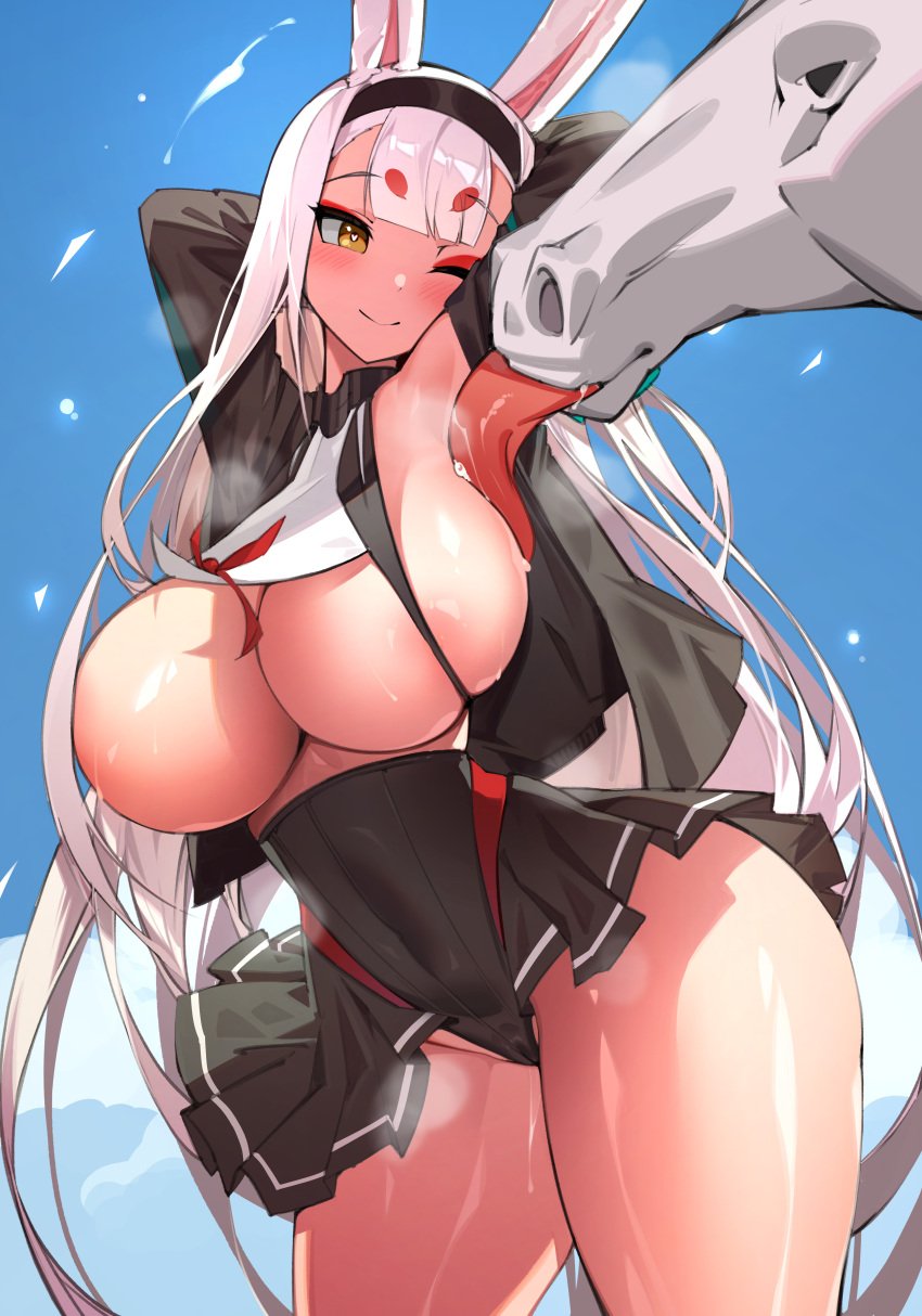 1animal 1boy 1girls alternate_breast_size areola_slip areolae armpit_licking armpits arms_up azur_lane bangs blush breast_lick breasts bunny_ears cameltoe crop_top deep_skin equine eyeshadow feral feral_on_female gigantic_breasts horse huge_breasts huge_thighs imminent_bestiality imminent_sex interspecies large_breasts leotard licking licking_breast long_hair makeup miniskirt powergene powzin presenting_armpit pussy_juice pussy_juice_drip revealing_clothes saliva seductive seductive_smile shimakaze_(azur_lane) short_skirt skindentation thick_thighs thighs tongue undressing very_long_hair white_hair wink yellow_eyes zinems zoophilia