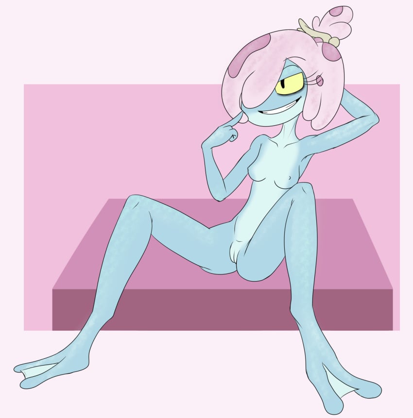 1girls amphibia anthro breasts disney disney_channel disney_xd duskull_(artist) female female_only frog humanoid looking_at_viewer maddie_flour nipples nude nude_female pose sitting skinny small_breasts solo solo_female straight_hair tied_hair vagina