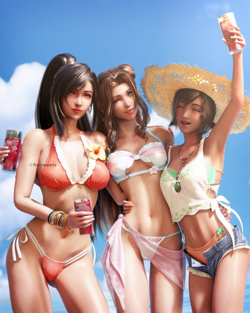 3d 3girls abs aerith_gainsborough alternate_hairstyle artist_name beach bikini black_hair blender boob_window bracelet breasts brown_hair cleavage cleavage_cutout cropped_legs female female_only final_fantasy final_fantasy_vii final_fantasy_vii_remake front_view hat light-skinned_female long_hair looking_at_viewer necklace red_eyes ria-neearts short_shorts shorts shorts_open side-tie_bikini square_enix standing straw_hat summer thigh_gap thighs tifa_lockhart underboob underboob_cutout wholesome yuffie_kisaragi