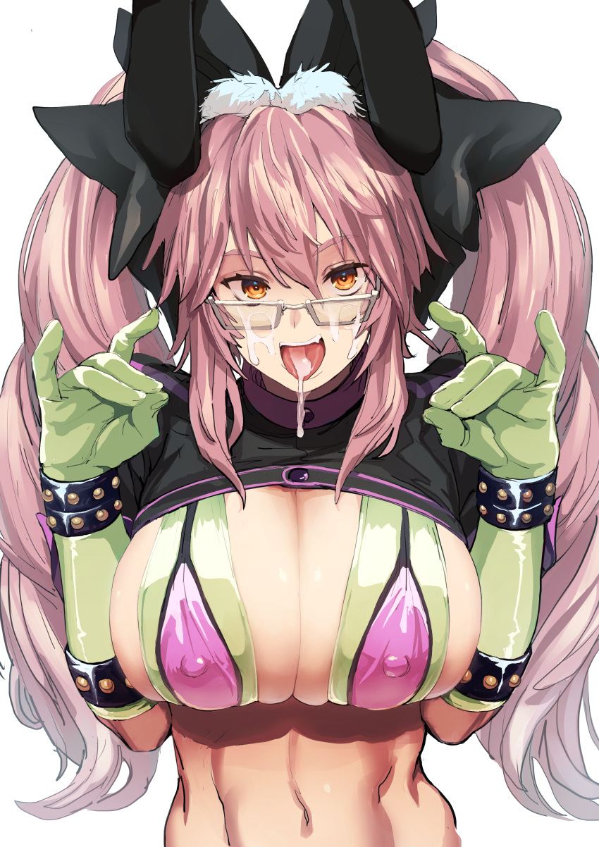 1girls 2022 belly_button breasts bunny_ears cropped_jacket cum cum_on_face cum_on_glasses cum_on_tongue fate/grand_order fate_(series) female female_only florence_nightingale_(fate)_(cosplay) florence_nightingale_(trick_or_treatment)_(fate)_(cosplay) fox_gesture fox_girl glasses green_bikini hi_res huge_breasts jacket kitsune koyanskaya_(assassin) koyanskaya_(assassin_second_ascension) koyanskaya_(fate) latex_bikini latex_gloves long_hair looking_at_viewer mikyanase open_mouth pink_bikini pink_hair simple_background slim_waist smile tongue tongue_out trick_or_treatment twintails very_high_resolution white_background yellow_eyes