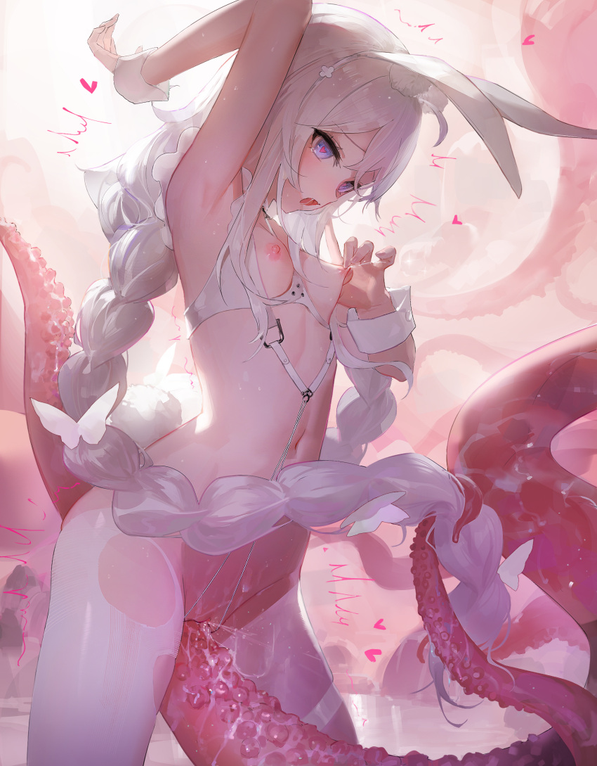 absurdres animal_ears arm_up armpits azur_lane bangs bra braid breast_harness breasts commentary_request cowboy_shot cupless_bra fake_animal_ears female female_ejaculation heart heart-shaped_pupils highres le_malin_(azur_lane) le_malin_(listless_lapin)_(azur_lane) leiq long_hair navel nipple_pull nipple_tweak nipples open_mouth pantyhose purple_eyes pussy pussy_juice rabbit_ears saliva silver_hair small_breasts solo standing stomach symbol-shaped_pupils torn_clothes torn_legwear twin_braids underwear very_long_hair white_legwear wrist_cuffs