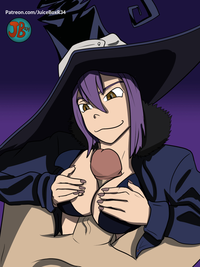 1boy :3 between_breasts blair_(soul_eater) bra breast_press breast_squeeze breasts catgirl clothing consensual female fur_collar jacket juiceboxr34_(artist) painted_nails paizuri purple_hair soul_eater titjob witch witch_hat yellow_eyes