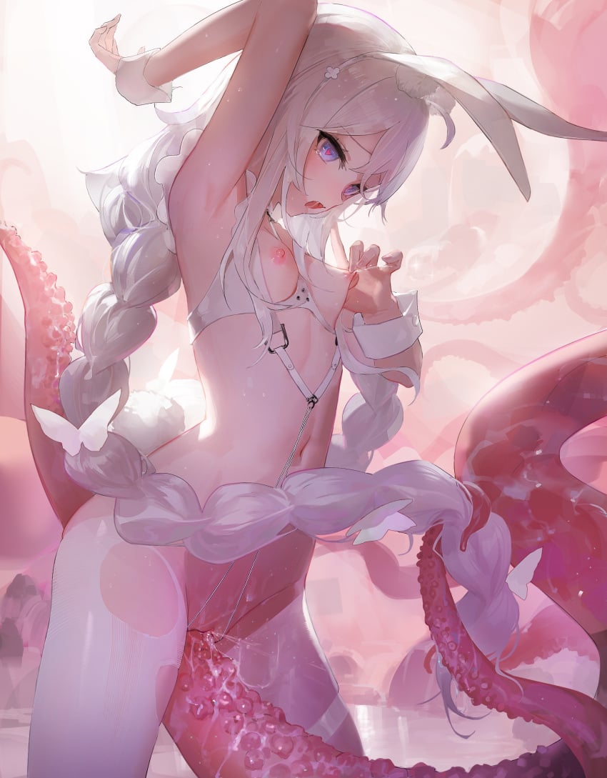 absurdres animal_ears arm_up armpits azur_lane bangs bra braid breasts commentary_request cowboy_shot cupless_bra fake_animal_ears female female_ejaculation heart heart-shaped_pupils highres le_malin_(azur_lane) le_malin_(listless_lapin)_(azur_lane) leiq long_hair navel nipple_pinch nipple_pull nipple_tweak nipples octopus open_mouth pantyhose purple_eyes pussy pussy_juice rabbit_ears saliva silver_hair small_breasts solo standing stomach symbol-shaped_pupils torn_clothes torn_legwear twin_braids underwear very_long_hair white_legwear wrist_cuffs