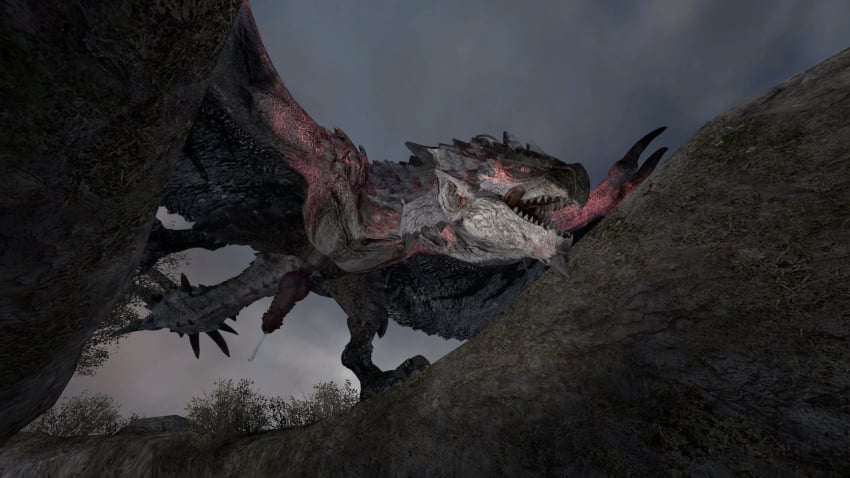 16:9 3d_(artwork) beak big_penis blue_eyes capcom claws cloud digital_media_(artwork) dragon feral flying_wyvern genitals glowing glowing_body grass grey_body grey_scales grey_sky hi_res horn kevlarcaviar looking_at_viewer male male_focus monster monster_hunter nature nature_background outside penis plant presenting presenting_penis rath_wyvern rathalos ravine rock scales sharp_teeth silver_body silver_rathalos solo solo_focus source_filmmaker spiked_tail spikes spikes_(anatomy) stripes teeth tongue tongue_out video_games widescreen