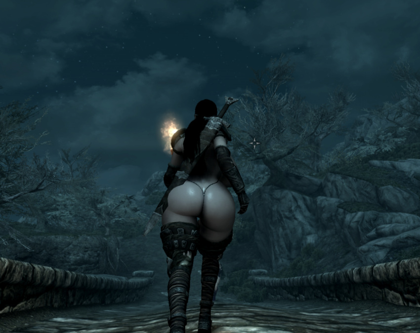 3d ass backboob bikini_armor black_hair cbbe dat_ass female_warrior from_behind huge_ass huge_breasts long_hair mod outdoor screencap skyrim sword the_elder_scrolls thong