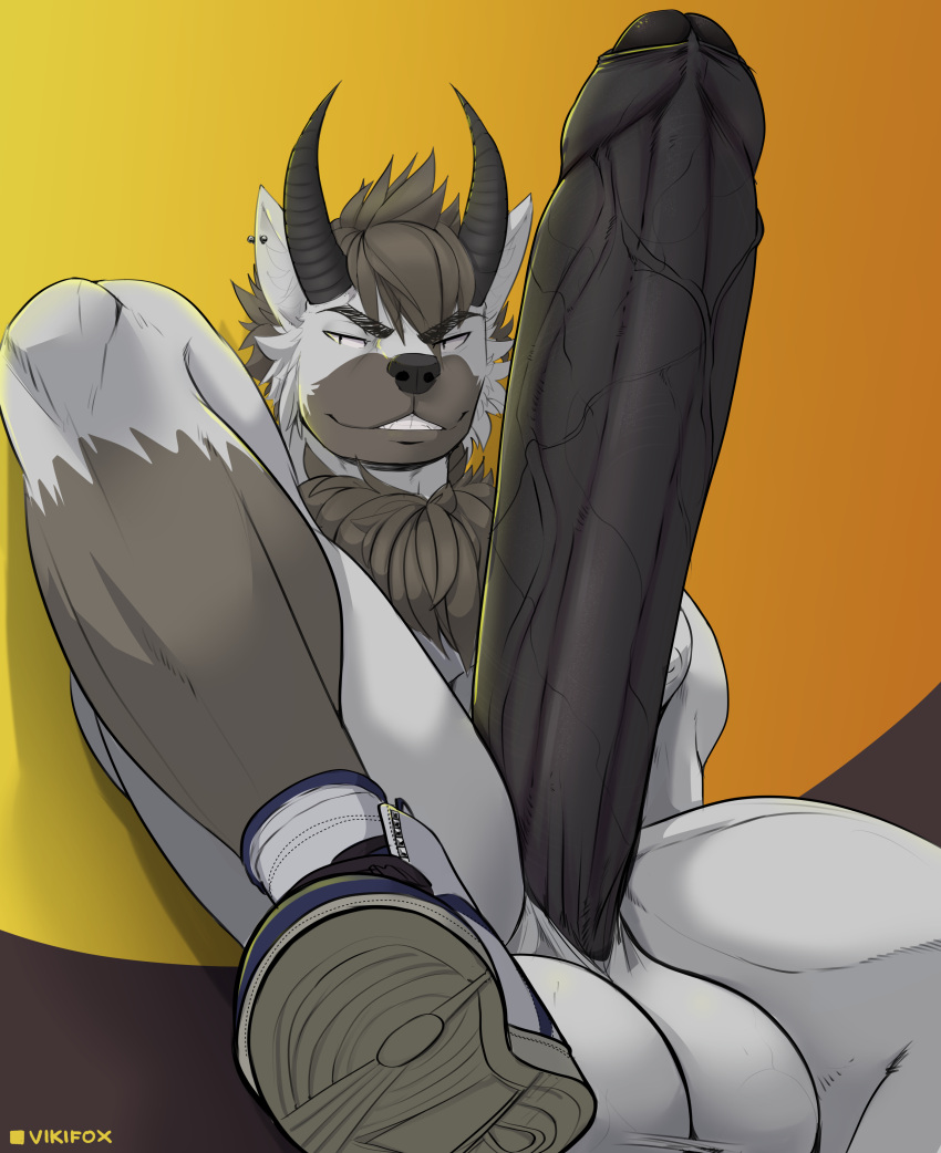 absurd_res anthro balls big_balls big_penis black_penis boner canid canine canis chest_tuft clothing digital_media_(artwork) ear_piercing erection footwear foreskin fur genitals grey_body grey_fur grin hair hi_res horn huge_balls huge_cock humanoid_genitalia hybrid hyper hyper_genitalia hyper_penis male male_only mammal nude penis piercing shoes simple_background smile sneakers sneakers_only solo solo_focus teeth tuft vein veiny_penis vikifox_(artist)