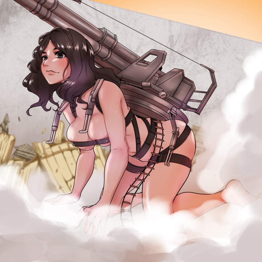 1girls all_fours artillery attack_on_titan black_hair breast_strap cannon convenient_censoring crawling dust giantess huge_weapon kneeling long_black_hair long_hair pieck_finger shingeki_no_kyojin solo solo_female tentacool_(artist) thigh_strap titan wavy_hair weapon_on_back