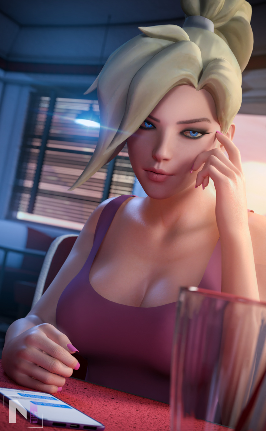 1girls 3d alternate_version_available angela_ziegler annoyed athletic big_breasts blizzard_entertainment blonde_hair blue_eyes cellphone european female female_only fit fit_female human large_breasts light-skinned_female light_skin looking_at_viewer mercy nail_polish nsf overwatch ponytail seductive seductive_eyes slushe_(website) solo swiss unhappy_female