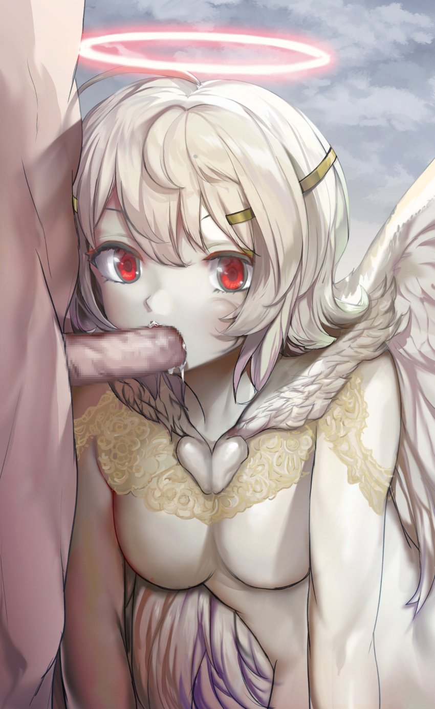 1boy angel angel_wings breasts censored cloud colored_skin couple cum cum_in_mouth feathered_wings fellatio female hair_ornament halo highres interspecies jinsai_sa_sa mosaic_censoring nasse oral platinum_end red_eyes solo_focus straight white_hair white_skin white_wings wings