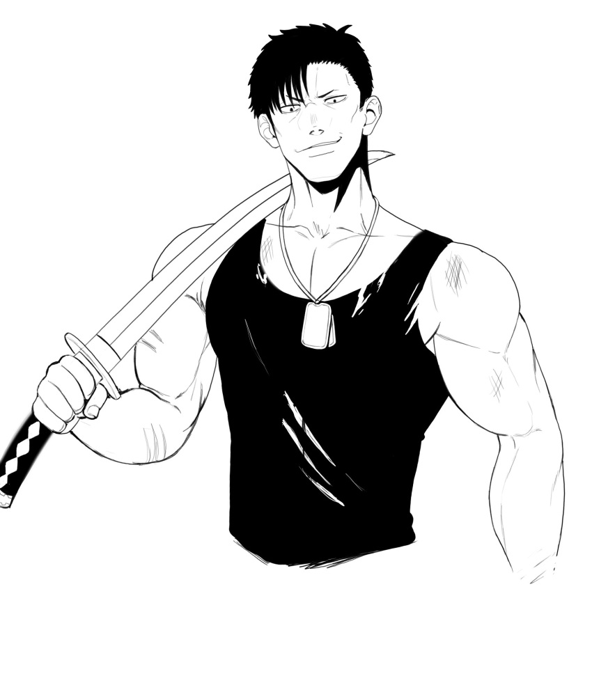 black_and_white bolloxxxz dog_tags gangsta male male_only muscles muscular muscular_male nicolas_brown sword uncolored