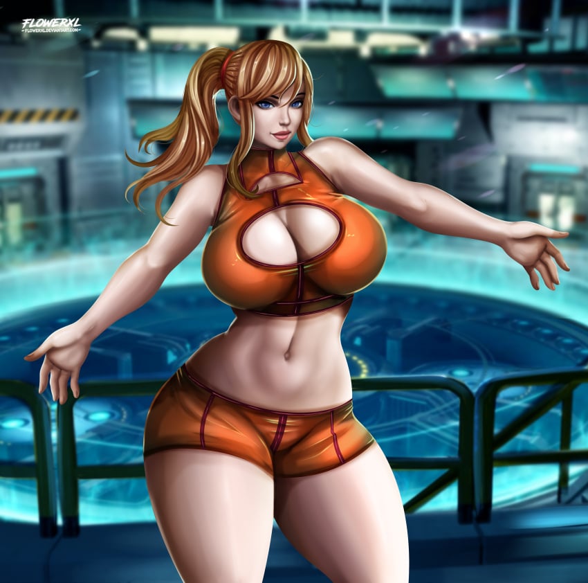 1girls arms_up big_breasts big_hips big_thighs bimbo black_eyebrows blonde_hair blue_eyes casual_outfit_(metroid) cleavage cleavage_cutout clothing_cutout detailed_background female female_only flowerxl high_resolution long_hair looking_at_viewer loving_look metroid nintendo orange_shorts orange_topwear pink_lipstick red_ribbon_in_hair samus_aran solo spaceship_interior tomboy