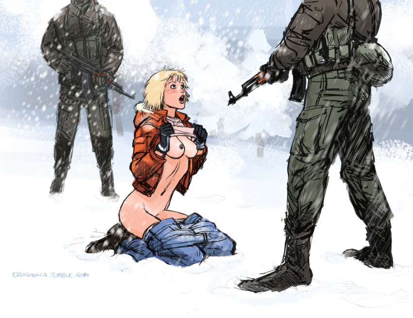 1girls ak-47 at_gunpoint au_(artist) blonde_hair blushing boli-blog breasts captured carl_(artist) clothing erect_nipples exhibition exposed exposed_breasts faceless_male female firearm gun gunpoint held_at_gunpoint human imminent_rape kneeling male multiple_boys nipples open_jacket open_mouth outdoors pale_skin panties_down pants_down peril rifle shirt_lift shirt_up short_hair snow soldiers violence weapon