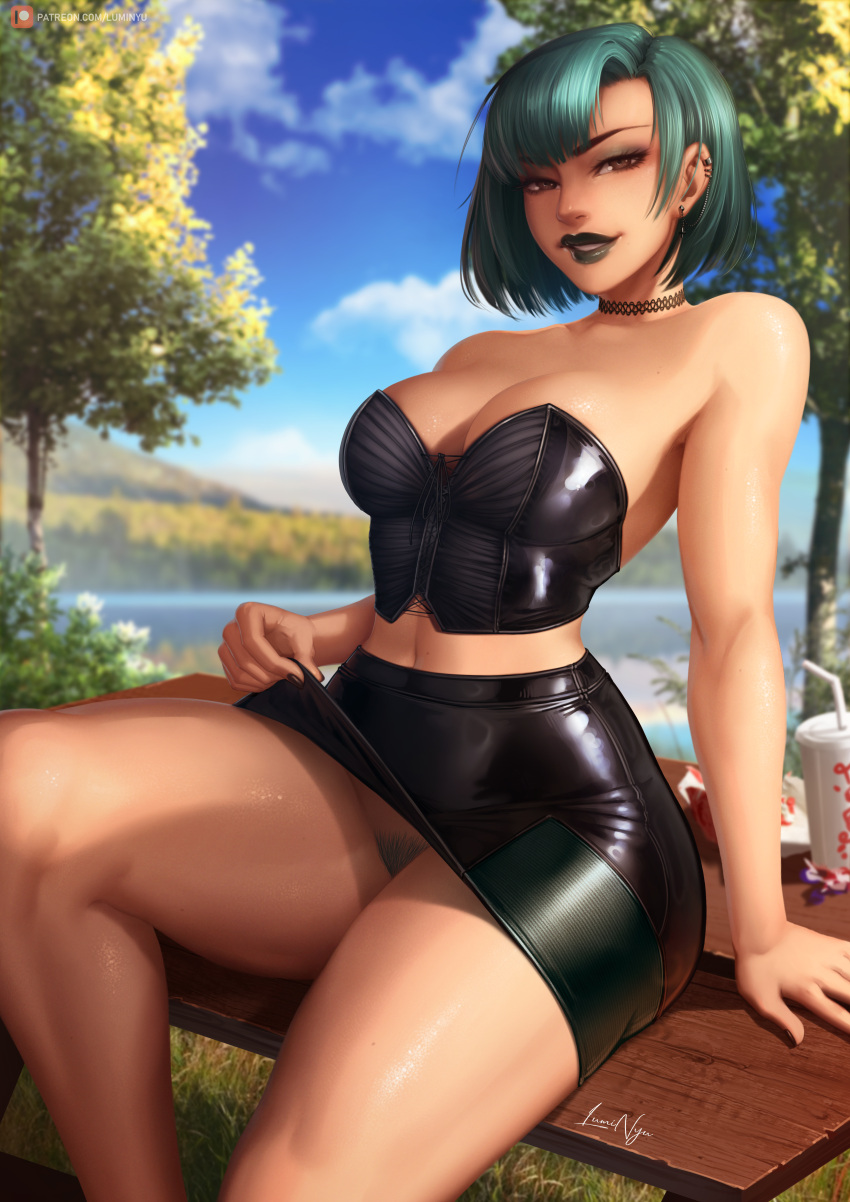 1girls 2d arm_support artist_name artist_signature bangs bare_arms bare_legs bare_shoulders bare_skin bare_thighs big_breasts big_thighs blue_sky bottomless bottomless_female breasts brown_eyes bush bustier choker cleavage clothing cloud corset cup day detailed_background fast_food female female_focus female_only fit fit_female goth goth_girl grass green_hair green_lips green_lipstick green_makeup green_pubic_hair gwen_(tdi) hips lake lakeside legs looking_at_viewer luminyu miniskirt navel no_panties no_underwear on_table outdoors park patreon patreon_logo patreon_url patreon_username picnic_table plant pubic_hair public pussy pussy_peek shadow short_hair sitting sitting_down sitting_on_table skirt skirt_lift sky smile smiling soda_cup solo solo_female solo_focus straw sunlight table tease thick_thighs thighs toned toned_female toned_stomach total_drama_island tree trees water wide_hips wooden_table