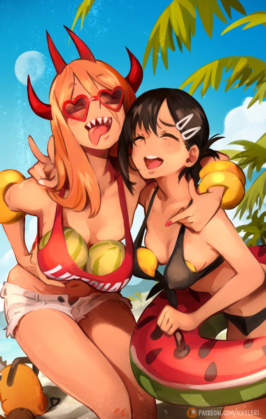 2girls beach bikini black_bikini black_hair black_panties chainsaw_man demon demon_girl demon_horns fruit hi_res higashiyama_kobeni horn horns jean_shorts jeans khyleri lemon melon moon outdoors outside palm_tree patreon_username peace_sign power_(chainsaw_man) shorts sky smile smiling sunglasses tagme tank_top tongue tongue_out