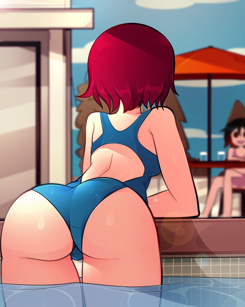 2girls arkeus ass back_view bent_over female female_only kim_pine knives_chau one-piece_swimsuit outside partially_submerged pool poolside red_hair scott_pilgrim short_hair solo_female solo_focus swimsuit tagme thighs