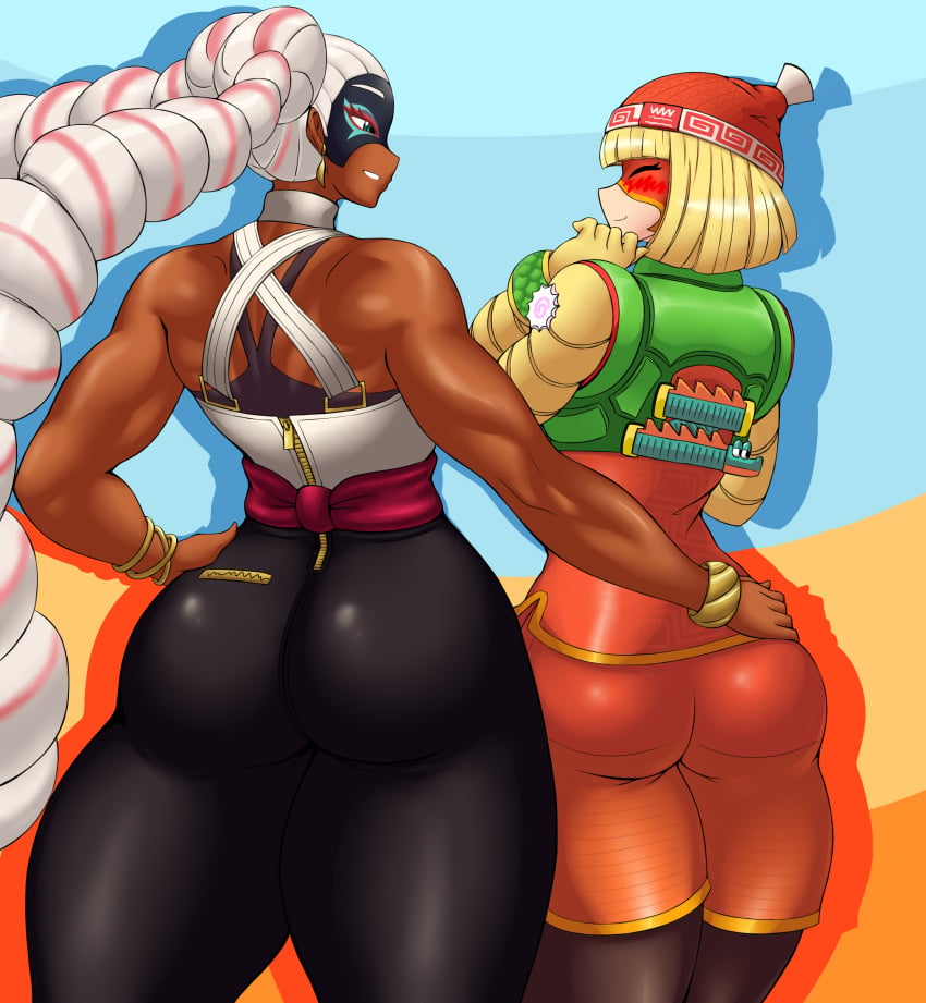 2020 2girls accessory arms_(game) ass ass_to_ass beanie big_ass blonde_hair bob_cut bracelet bubble_butt dark-skinned_female dark_skin dat_ass fat_ass female female_only hand_on_another's_hip hand_on_hip hat headwear kailyn kreativekailyn large_ass light-skinned_female light_skin mask min_min_(arms) multicolored_hair muscular muscular_female nintendo short_hair tagme thick_thighs thighs thunder_thighs toned toned_female twintails twintelle two_tone_hair voluptuous white_hair yuri