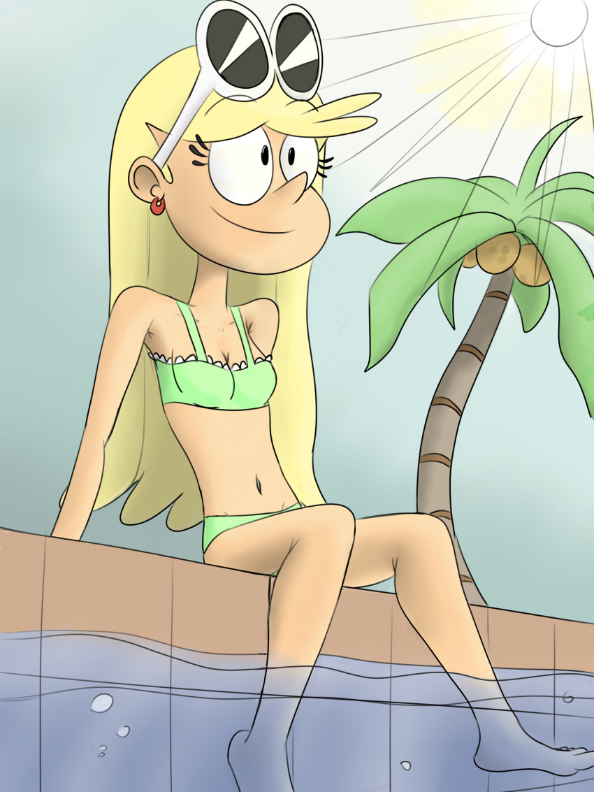 barefoot duskull_(artist) earrings full_body leni_loud nickelodeon palm_tree smiling solo solo_female solo_focus summer sunglasses_on_head sunny swimming_pool swimsuit the_loud_house wholesome