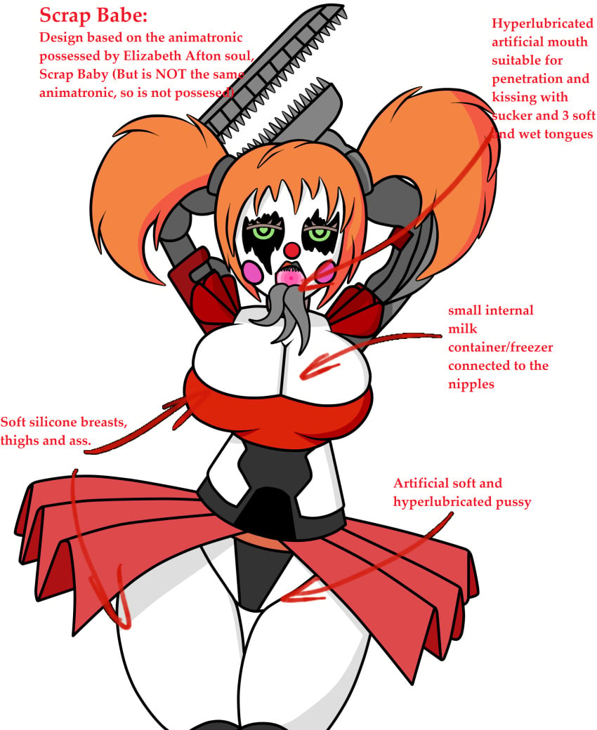 1girls animatronic baby_(fnafsl) big_ass big_breasts breasts circus_baby circus_baby_(fnaf) claw clown clown_girl clown_makeup clown_nose description english_text female female_focus female_only five_nights_at_freddy's five_nights_at_freddy's_6 freddy_fazbear's_pizzeria_simulator green_eyes large_breasts lipstick looking_at_viewer multi_tongue open_mouth orange_hair panties robot robot_girl robot_humanoid rosy_cheeks scrap_baby scrap_baby_(fnaf) seductive skirt solo solo_female text thick_thighs tongue tongue_out twintails white_skin zaftero_(artist)