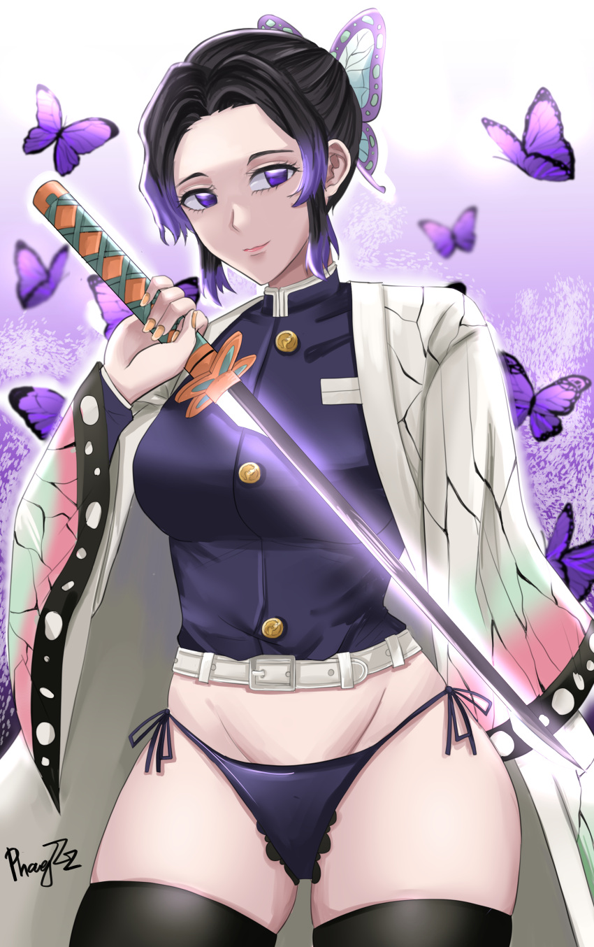 1girls alternate_costume black_hair black_legwear black_thighhighs bottomless butterfly butterfly_hair_ornament crop_top demon_slayer exposed female female_only gradient_background gradient_hair haori katana kimetsu_no_yaiba kochou_shinobu panties phongzz purple_background purple_eyes revealing_clothes side-tie_panties skimpy skimpy_clothes slutty_demonslayer_uniform smile solo sword thick_thighs thighhighs thong two_tone_hair uniform zettai_ryouiki