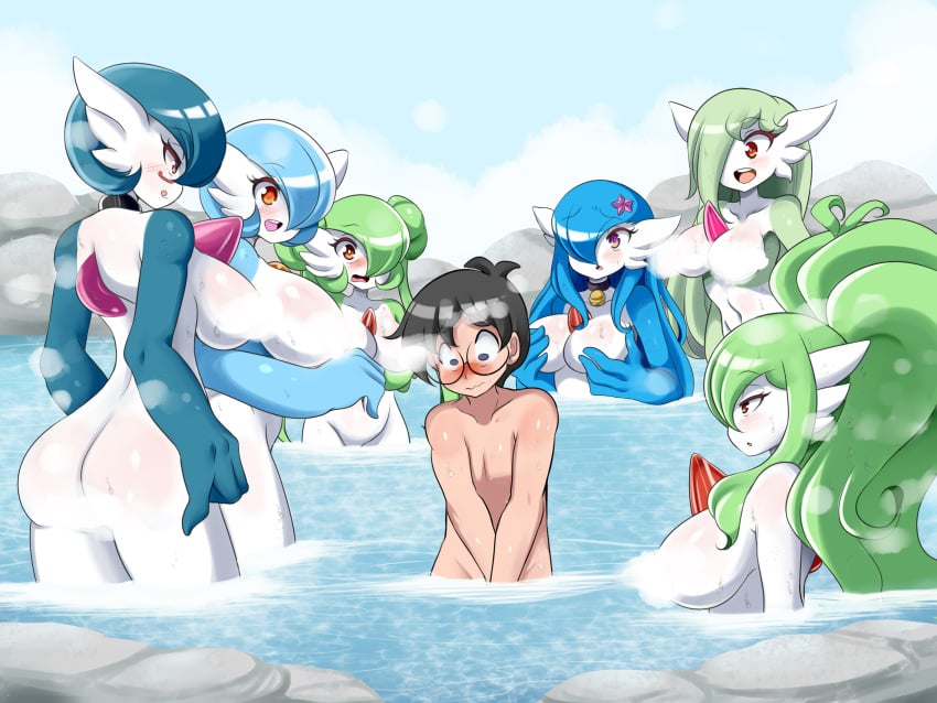 1boy 6girls anthro big_breasts black_hair blue_hair blush blushing covering_crotch dr._voir fog game_freak gardei_(lucyfercomic) gardevoir glasses green_hair hot_spring human_on_pokemon interspecies large_breasts larger_anthro larger_female lucy_(jcdr) lucyfercomic mari_(zedrin) multiple_girls nanosheep nintendo nurz_(lucyfercomic) original_character pokémon_(species) pokemon pokemon_(species) pokemon_rse red_eyes saraiah_(heraldinthedark) shiny_pokemon smaller_male surrounded tagme water