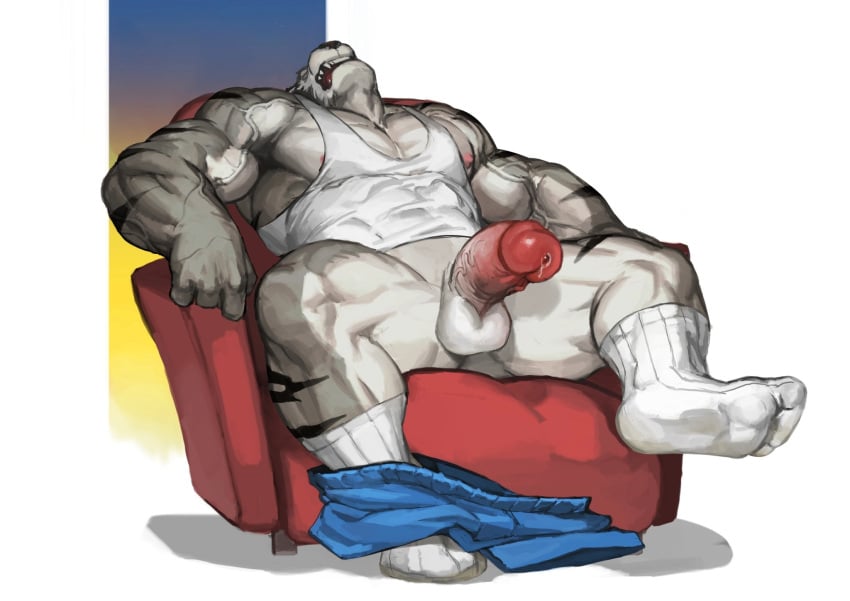 2022 abs anthro balls biceps bottomwear bottomwear_around_one_leg bottomwear_down chair clothing clothing_around_one_leg deltoids erection eyewear facial_scar felid footwear fur furniture genitals glasses grey_body grey_fur grey_hair hair head_back hi_res male mammal multicolored_body multicolored_fur muscular muscular_thighs nipples on_chair open_mouth pantherine pants pants_around_one_leg pecs penis scar shirt sitting sitting_on_chair snout snout_scar socks solo striped_body striped_fur stripes tank_top tiger tired topwear traver009 two_tone_body two_tone_fur vein veiny_muscles white_body white_clothing white_footwear white_fur white_shirt white_socks white_tank_top white_topwear