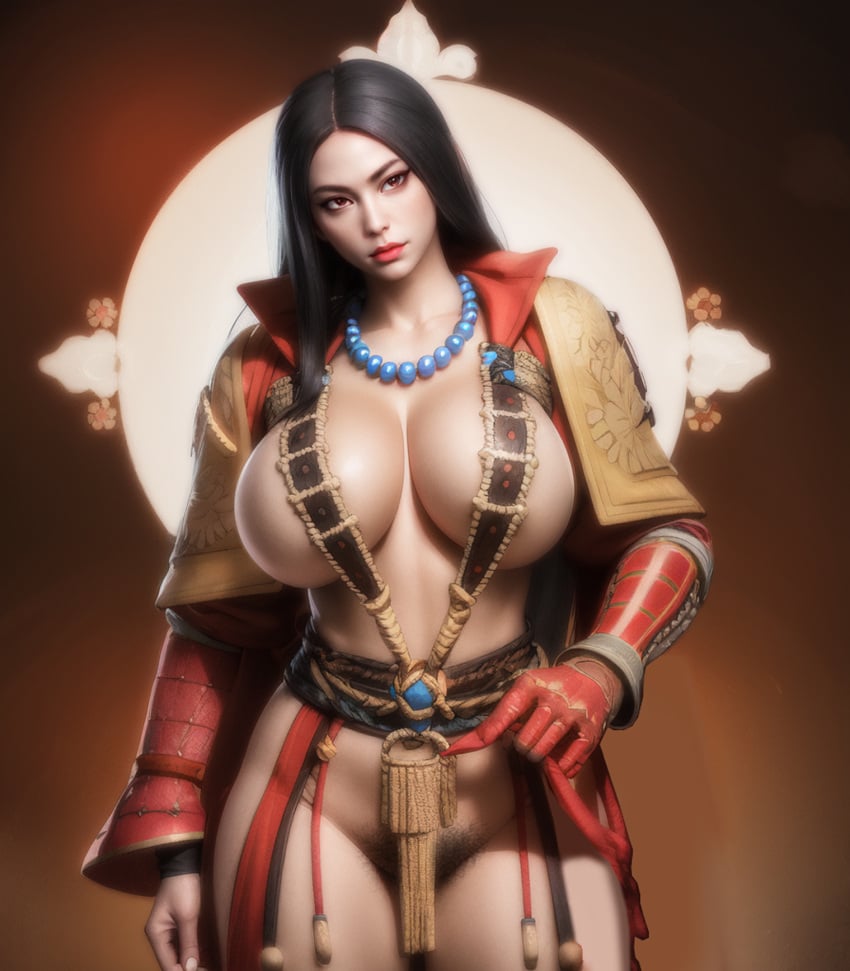 1girls ai_generated amaterasu_(smite) asian asian_female asian_mythology bead_necklace black_hair bottomless breasts breasts_out breasts_out_of_clothes darkus_(theobscureone) deity east_asian_mythology exhibitionism exposed_breasts functionally_nude gloves goddess hi-rez_studios huge_breasts japanese japanese_female japanese_mythology large_breasts long_hair mature_female milf mirror mythology necklace obi outdoor pointless_clothing pubic_hair public_domain pussy rope samurai_armor samurai_outfit smite solo standing straps tassel theobscureone vagina wide_hips