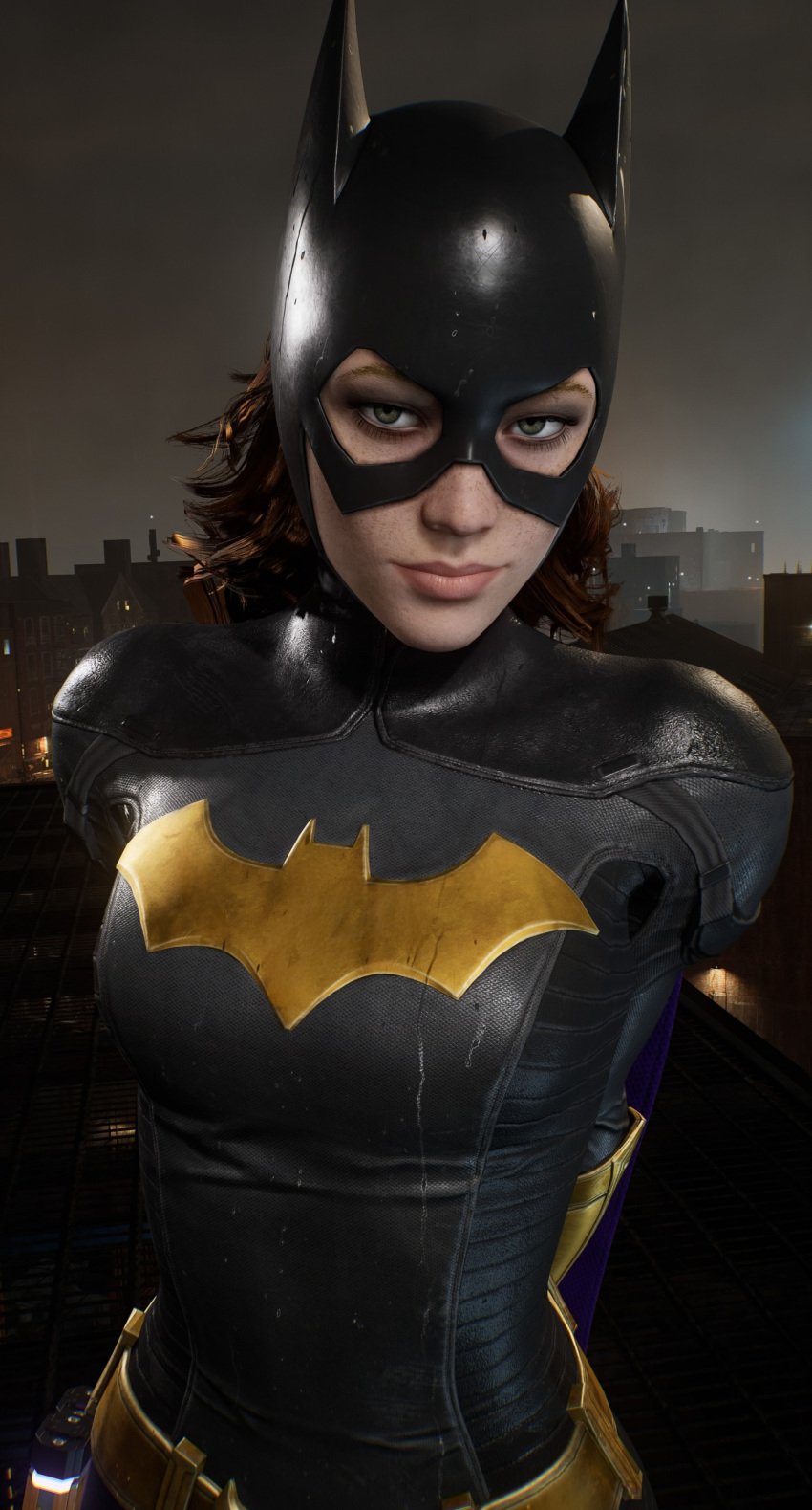 1girls barbara_gordon batgirl batgirl_(gotham_knights) big_breasts cowl dc dc_comics female female_only freckles gotham_knights green_eyes hands_behind_back hands_tied_behind_back hazel_eyes highres mask masked masked_female red_hair smile smiling smiling_at_partner staring_at_viewer superheroine tight_clothing tight_fit