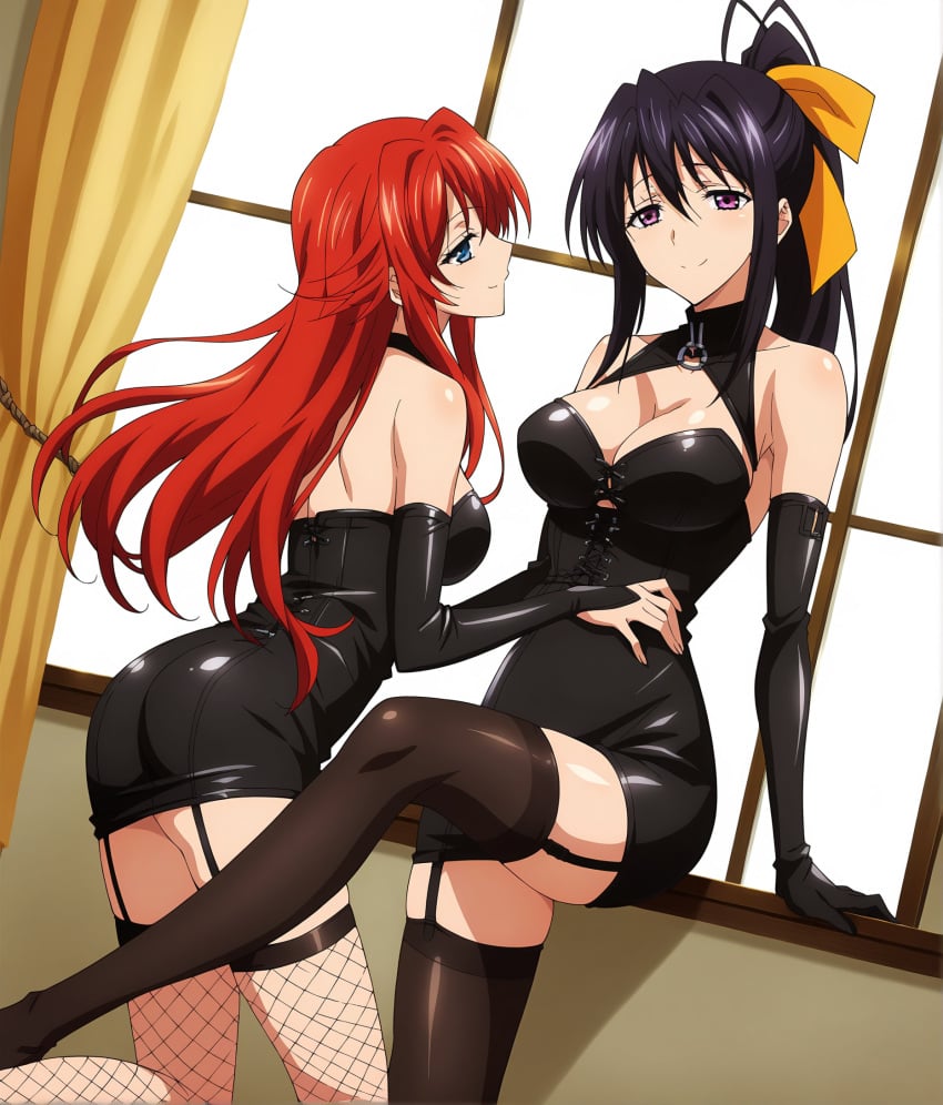 2females ai_generated akeno_himejima big_ass black_clothing black_corset black_elbow_gloves black_hair black_latex black_lingerie black_skirt black_thighhighs corset elbow_gloves female_only grabbing_waist high_school_dxd large_breasts latex light-skinned_female lingerie long_hair red_hair rias_gremory short_skirt skirt thighhighs wakih yuri