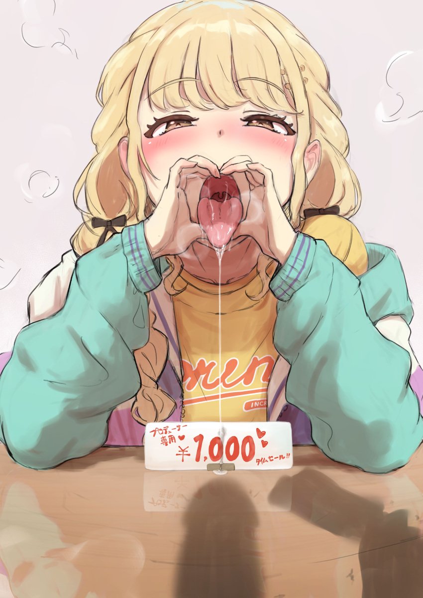 absurdres blonde_hair braid breath fellatio_gesture female fujita_kotone gakuen_idolmaster highres idolmaster jacket long_sleeves looking_at_viewer manzin multicolored_clothes multicolored_jacket own_hands_together penis_shadow prostitution revision saliva_drip shadow shirt solo steam twin_braids upper_body yellow_eyes yellow_shirt