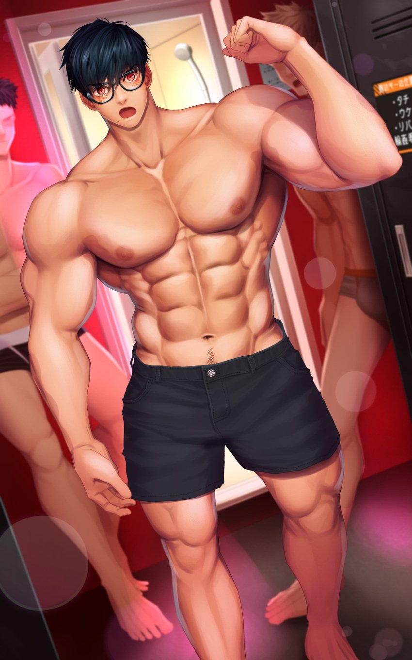 3boys abs armpits arms_up bara beauty_mark beefy biceps big_areola big_breasts black_hair blonde_hair blush briefs brothel collarbone faceless_male gay glasses happy_trail hi_res hunk indoors looking_at_viewer male male_breasts male_only manly mature_male meisho_hanten mob_face mole mole_under_mouth muscles muscular muscular_arms muscular_legs muscular_male muscular_thighs open_mouth oppai original original_character pecs red_eyes short_hair shorts shower_room showerhead six_pack standing thick_arms thick_thighs topless tough_guy underwear_only v-shaped_eyebrows very_high_resolution wide_shoulders yaoi