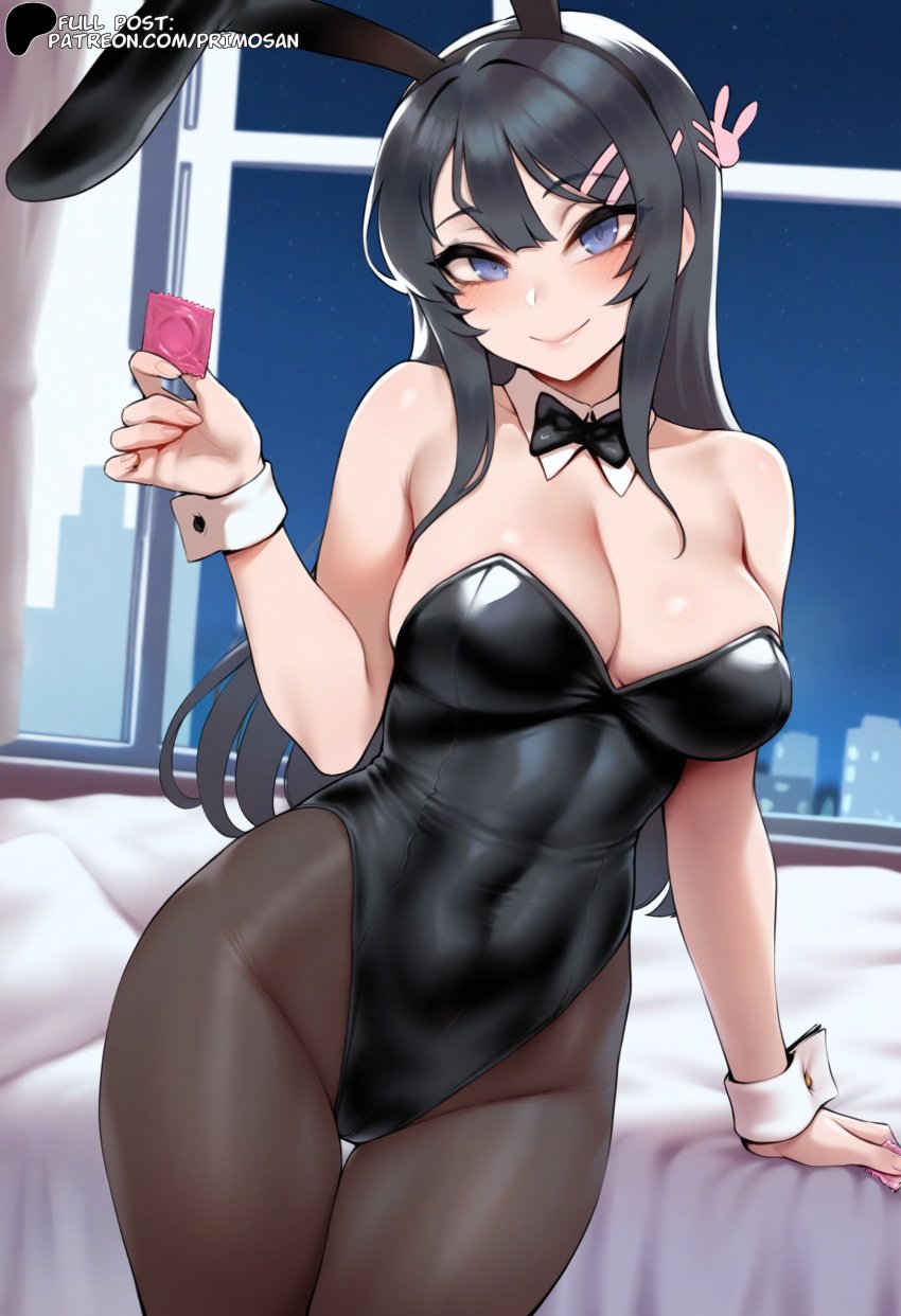 ai_generated black_hair black_leotard black_pantyhose blue_eyes bunny_ears condom_wrapper hair_between_eyes hi_res highres holding_condom looking_back medium_breasts pantyhose playboy_bunny primosan revealing_clothes sakurajima_mai seishun_buta_yarou_wa_bunny_girl_senpai_no_yume_wo_minai smile standing