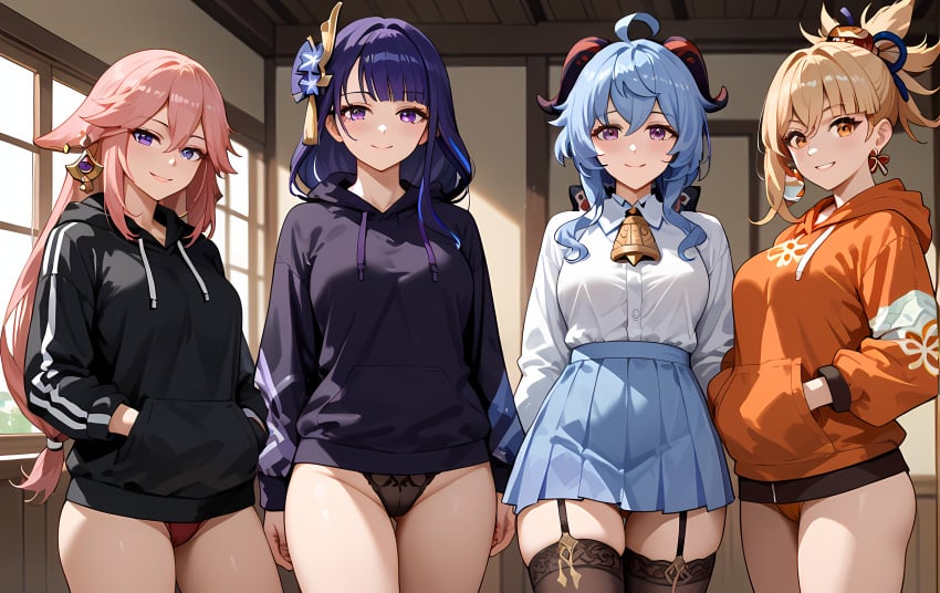 1futa 3girls ahoge ai_generated animal_hood bangs bell black_hoodie black_legwear black_panties blonde_hair blue_hair blue_hoodie blush breasts brown_hoodie buruma casual cowboy_shot cross_earrings drawstring ear_piercing earrings eyebrows_visible_through_hair futanari ganyu_(genshin_impact) garter_belt garter_straps genshin_impact green_hoodie grey_hoodie grin hair_between_eyes hair_ornament hand_in_pocket hand_on_hip hands_in_pockets hood hood_down hood_up hooded_capelet hooded_cloak hooded_jacket hooded_sweater hoodie jacket jewelry long_hair long_sleeves looking_at_viewer medium_breasts multiple_girls orange_hoodie panties piercing pink_hair pink_hoodie purple_eyes raiden_shogun red_hoodie red_panties shirt short_hair skirt sleeveless_hoodie smile standing star_earrings thighhighs underwear white_hoodie yae_miko yellow_eyes yellow_hoodie yoimiya_(genshin_impact)