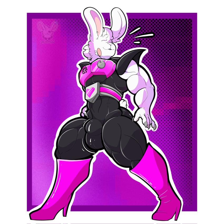 1boy absurd_res absurd_resolution absurdres anthro anthro_only athletic athletic_anthro athletic_male black_bodysuit black_clothing bunny bunny_boy digital_drawing_(artwork) digital_media_(artwork) hi_res high_heel_boots high_resolution highres leaking leaking_cum leaking_penis long_fingernails long_nails muscle muscles muscular muscular_male ollie_(yamwamm) pink_shoes rabbit rabbit_boy reference tagme white_fur yamwamm