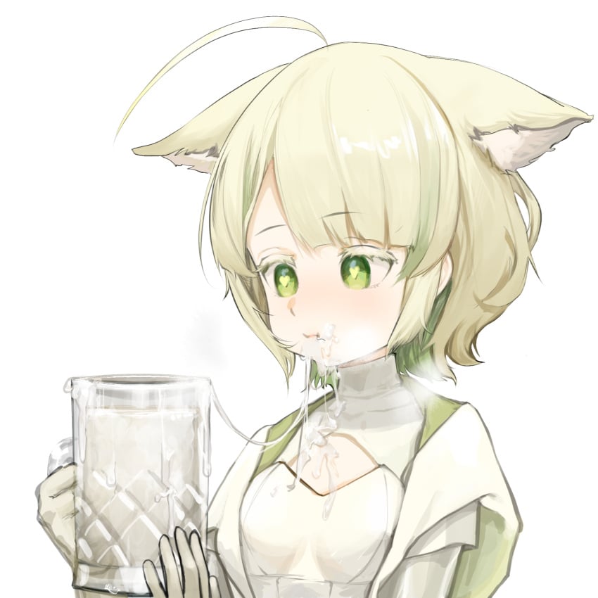 1girls ahoge animal_ears blonde_hair blush clothed cum cum_cup cum_in_mouth cum_on_breasts cum_on_face cum_string drinking_cum female female_focus female_only green_eyes green_hair heart heart-shaped_pupils mayumi_(virtuareal) nijisanji qiyou7u short_hair simple_background small_breasts solo solo_female solo_focus steam virtual_youtuber virtuareal white_background