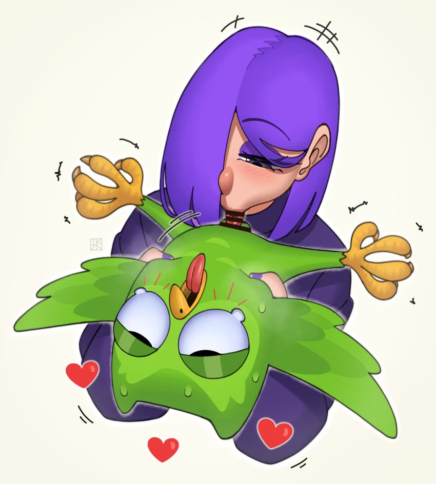 1boy 1girls bar_censor beak beastiality bird blowjob censor_bar censored censored_penis duo_(duolingo) duolingo eyebrows_visible_through_hair fellatio female hair_over_one_eye lily_(duolingo) open_mouth owl purple_eyelids purple_fingernails purple_hair purple_hair_female purple_nails simple_background takyzen tongue tongue_out wings woman