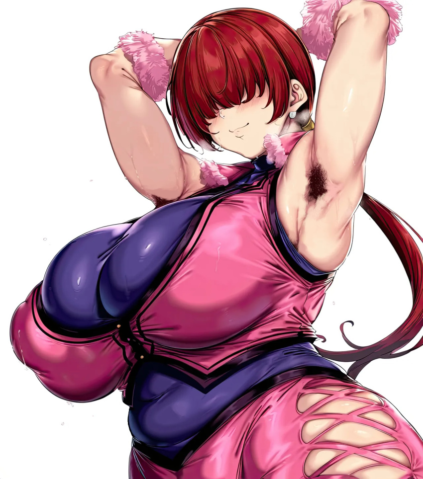 1girls armpit_hair armpits bangs_over_eyes big_breasts breasts busty clothed female female_armpit_hair female_only hair_over_eyes hairy_armpits huge_breasts king_of_fighters large_breasts light-skinned_female light_skin long_hair ponytail red_hair shermie_(kof) smile solo thick_thighs thighs tied_hair voluptuous voluptuous_female wide_hips