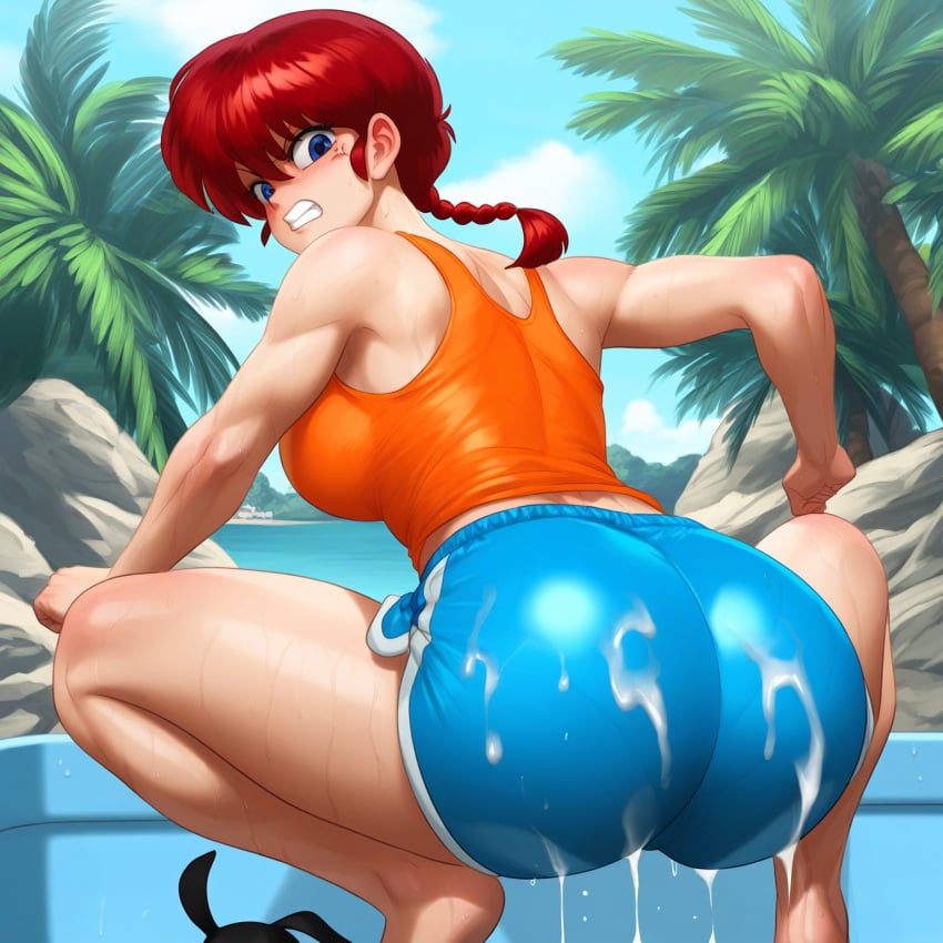 1girls ai_generated anger_vein angry big_ass big_ass_(female) blue_eyes clenched_teeth clothing cum cum_on_ass cum_on_clothes female genderswap_(mtf) highres medium_breasts outdoors ranma-chan ranma_1/2 red_hair rule_63 shorts squatting swim_trunks tank_top washing_clothes water