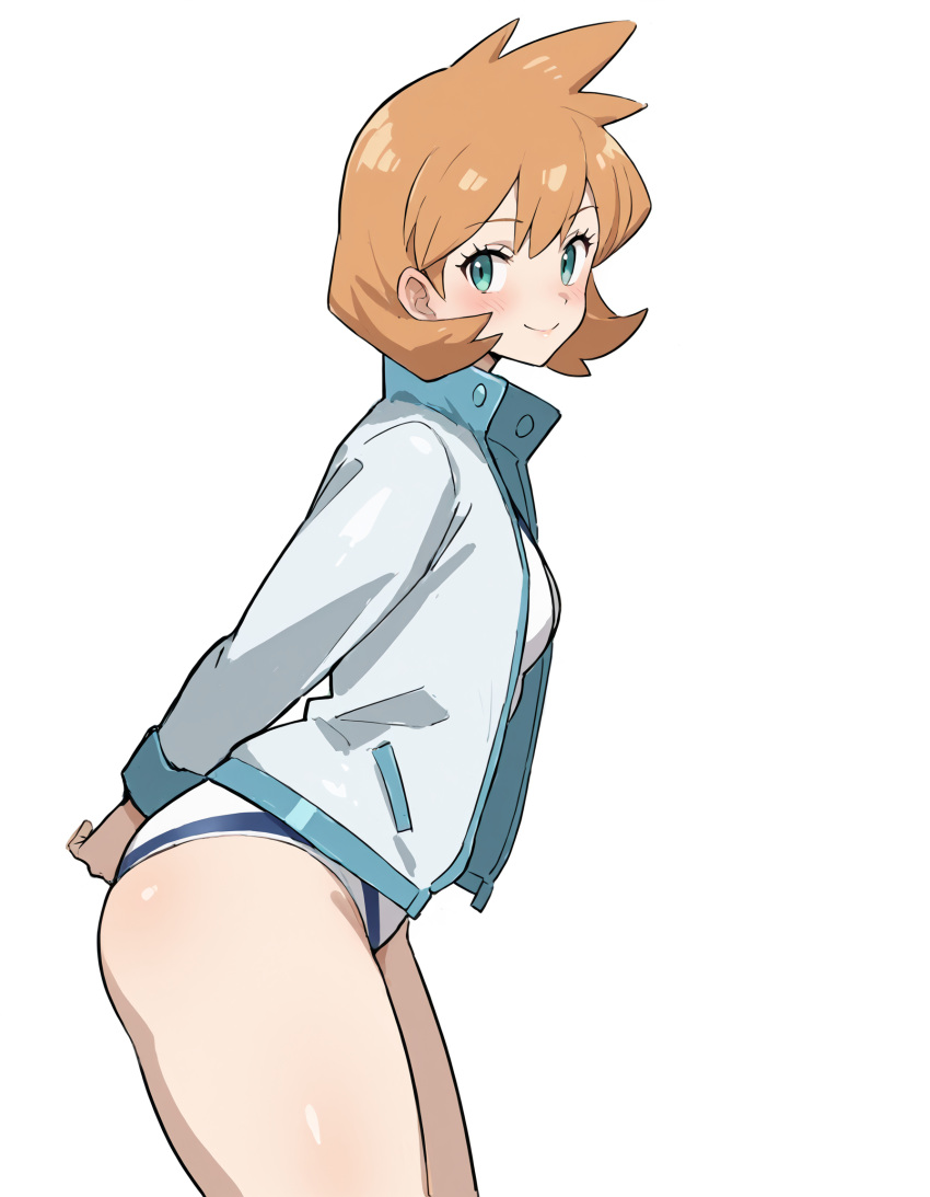 ai_generated arms_behind_back ass bangs blue_jacket blush breasts closed_mouth clothing competition_swimsuit eyelashes female female female_only green_eyes gym_leader huge_ass jacket kasumi_(pokemon) kasumi_(pokemon) large_ass legs long_sleeves looking_at_viewer misty_(pokemon_hgss) one-piece_swimsuit open_clothes open_jacket orange_hair pokemon pokemon_character shirt short_hair shorts smile solo standing swimsuit swimsuit_under_clothes tank_suit thick_ass thighs white_jacket white_one-piece_swimsuit white_swimsuit