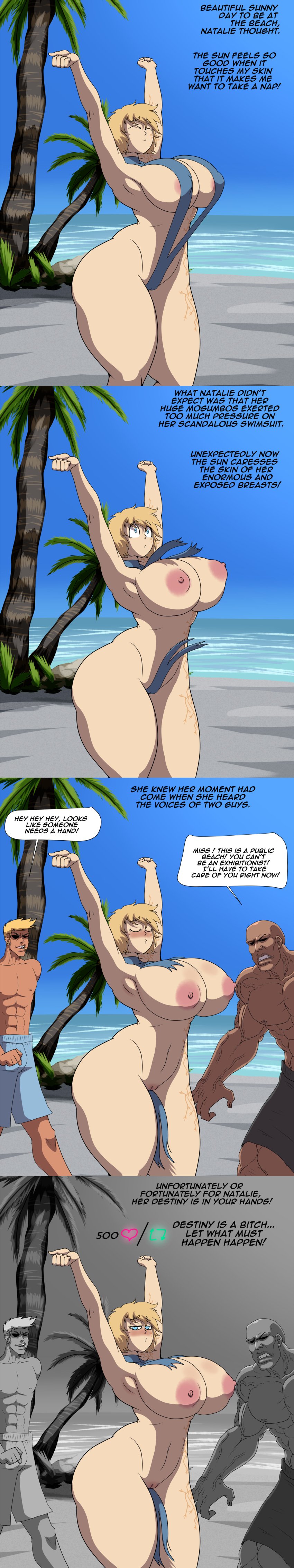 2boys apex_legends beach blonde_female blonde_hair blue_eyes blush breasts comic demiandraws dialogue english_text huge_breasts male muscle natalie_paquette pink_nipples pussy scars self_upload tits_out veins wattson_(apex_legends)