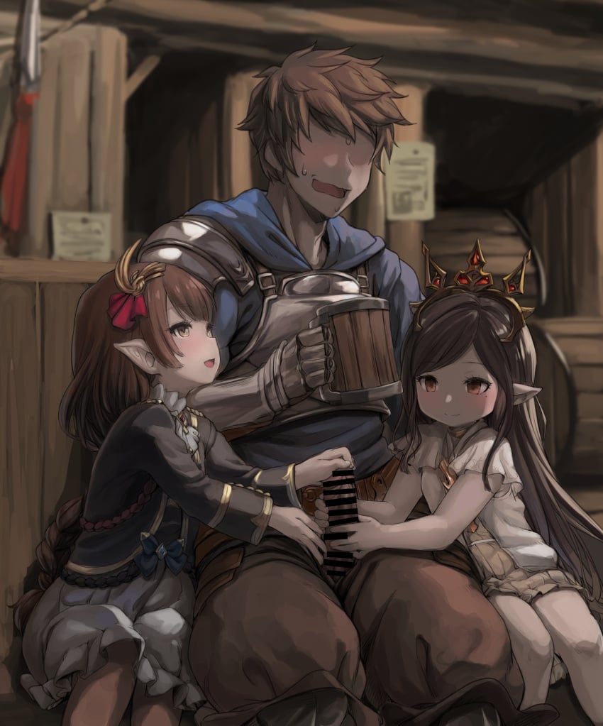 1boy 2girls absurdres arulumaya bar_censor blush brown_hair censored commission cooperative_handjob dress erection female gran_(granblue_fantasy) granblue_fantasy haaselia handjob harvin highres long_hair mole mole_under_eye multiple_girls open_mouth penis pointy_ears sitting skeb_commission skirt smile straight tavern tiara wavy_mouth zanzi