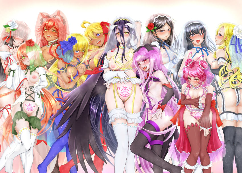 11girls albedo_(overlord) angel_wings arachnid_humanoid arthropod arthropod_humanoid aura_bella_fiora aureole_omega black_hair black_stockings black_wings blonde_hair blue_eyes blue_ribbon blue_stockings blushing breasts concubine cz2128_delta dark-skinned_female dark_elf dark_eyes doppleganger dripping dullahan elf elf_ears elf_female entoma_vasilissa_zeta fato_(sabitasatetu) female female_only flower_in_hair flowers_in_hair gems grabbing_own_breasts green_eyes hair_buns half_naked heterochromia human_girl large_breasts long_gloves long_hair looking_at_viewer lupusregina_beta mare_bello_fiore medium_breasts miko_outfit monster_girl mouth_open multiple_girls narberal_gamma no_panties one_eye_covered orange_hair overlord_(maruyama) pink_hair purple_hair queen reaching_out red_eyes red_hair red_ribbon red_stockings robot_girl rule_63 shalltear_bloodfallen shocked_expression short_hair sisters slime slime_girl small_breasts smiling solution_epsilon spider_girl squeezing_breasts stockings stoic succubus succubus_horns tears tongue_out vampire vampire_girl veil werewolf werewolf_girl wet_body white_background white_gloves white_horns white_stockings yellow_eyes yellow_hair yuri_alpha