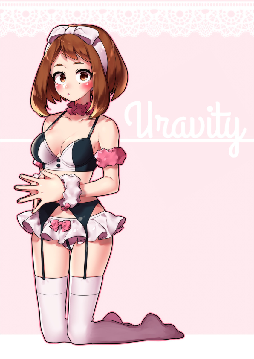 bare_arms bare_shoulders blush bra breasts brown_eyes brown_hair cleavage collarbone feet garter_belt garter_straps hairbow hands_together ktn0515 medium_breasts my_hero_academia ochako_uraraka on_knees panties pantyshot parted_lips scrunchie short_hair skirt thighhighs thighs underwear white_thighhighs wrist_scrunchie zettai_ryouiki