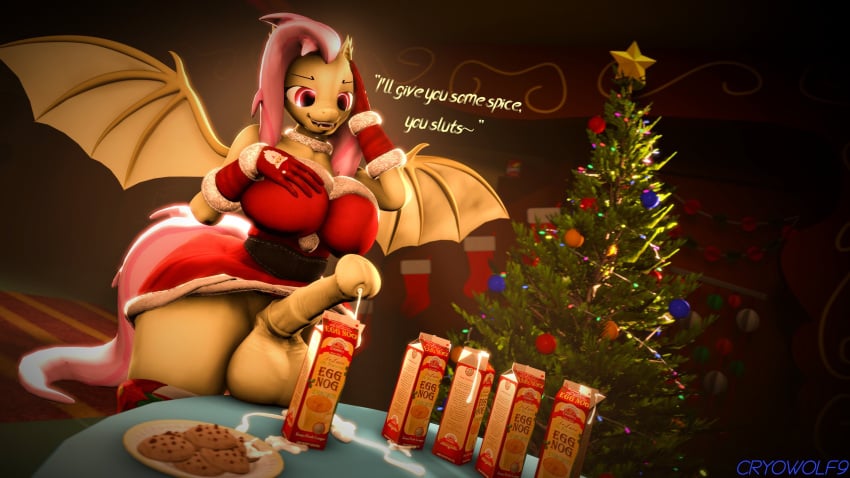 3d_(artwork) absurd_res ambiguous_gender animal_genitalia animal_penis anthro bat_wings bodily_fluids christmas christmas_clothing christmas_tree clothing cookie cryowolf9 cum cum_drip digital_media_(artwork) dripping eggnog equine_genitalia equine_penis flutterbat_(mlp) fluttershy_(mlp) food food_fetish food_play friendship_is_magic genital_fluids genitals gloves gynomorph handwear hasbro hi_res holidays intersex membrane_(anatomy) membranous_wings my_little_pony penis plant solo source_filmmaker_(artwork) text tree wings