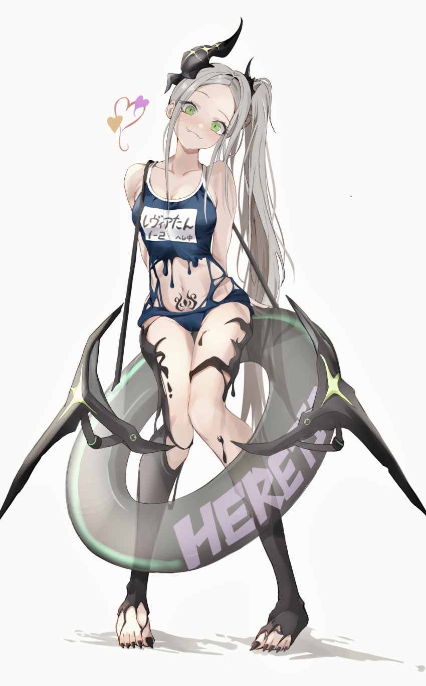 1girl 1girls :3 black_goo black_liquid blush blush_lines fangs floatie goddess_of_victory:_nikke goo gray_hair green_eyes grey_hair happy happy_female heart heart_symbol hearts horn horned_female horns horns_girl leviathan_(nikke) long_hair looking_at_viewer mechanical_parts name_tag one-piece_swimsuit orange_hearts pinjiroo pink_heart pink_hearts ponytail pool_float pubic_tattoo purple_heart purple_heart_(symbol) purple_hearts sharp_toenails solo solo_female solo_focus sukumizu swimsuit thin thin_female torn_clothes torn_clothing torn_swimsuit unknown_liquid white_background