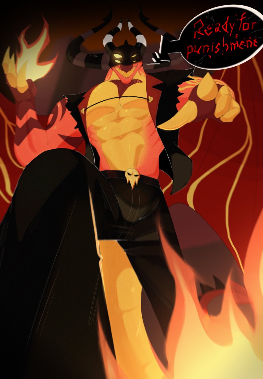 1boy 1male 4_eyes abs anthro athletic athletic_male black_jacket black_jeans chest clothing demon_dragon demon_horns detailed dragon dragon_tail dragon_wings furry furry_only hell helluva_boss horn looking_at_viewer male male_only muscular muscular_anthro muscular_male pointing red_skin satan_(helluva_boss) smirk spike_tail spikes standing tail teeth two_tone_body wings worm's-eye_view yellow_eyes