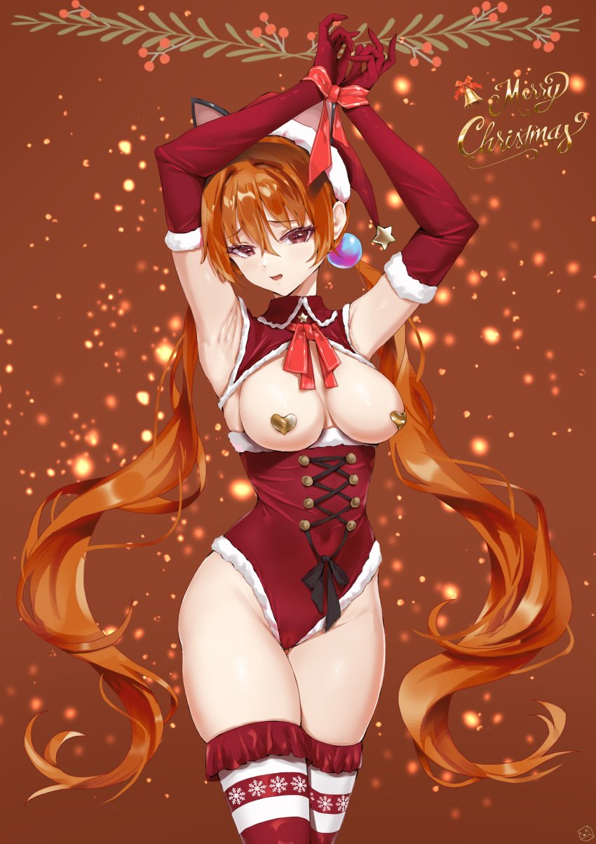 absurdres alisa_southerncross arm_warmers armpits bondage breasts brown_eyes christmas commentary female highres keroro_gunsou kuuhaku_(pskf2372) large_breasts long_hair red_hair thighhighs thighs very_long_hair