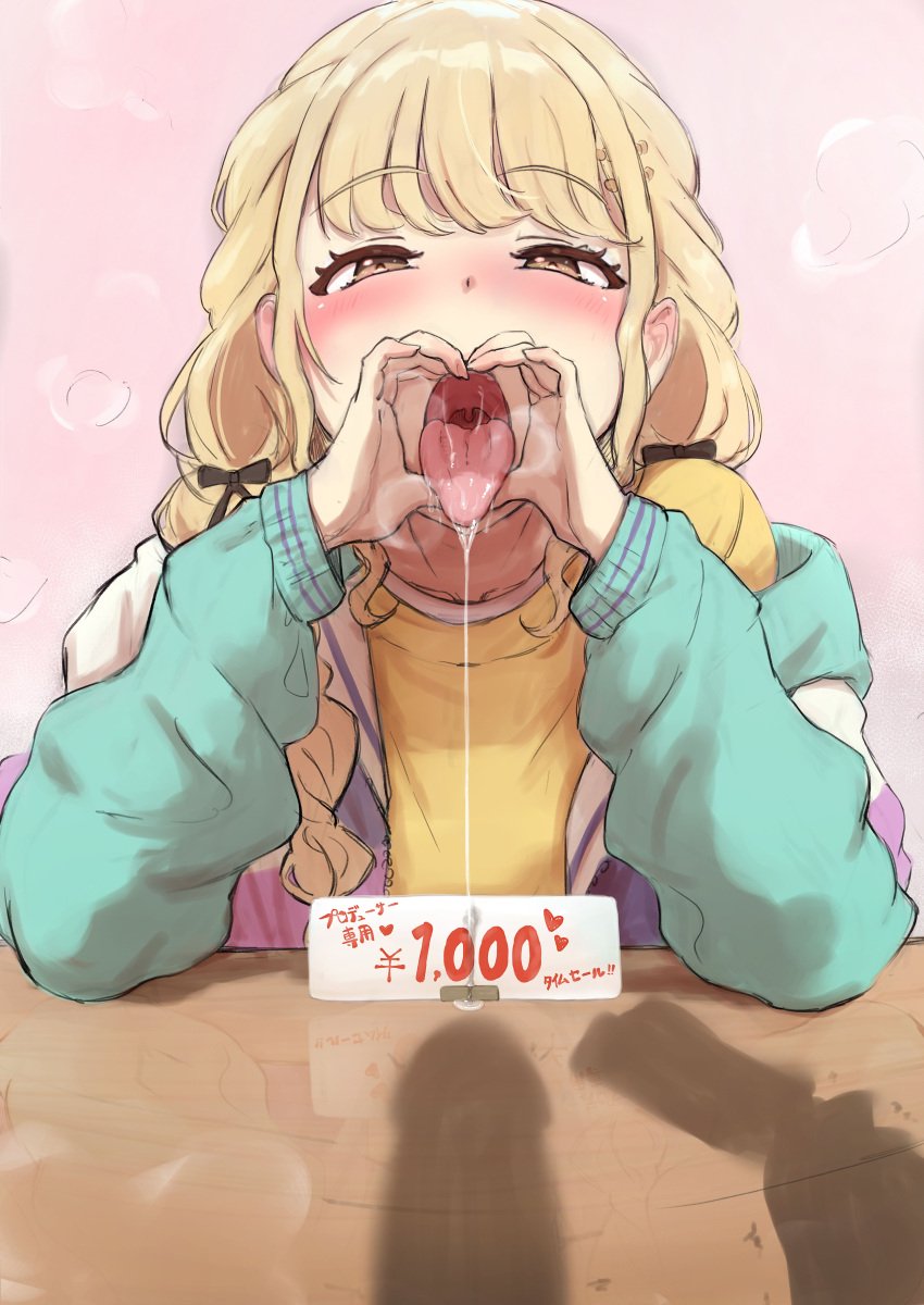 absurdres black_ribbon blonde_hair blue_jacket blush braid commentary female fujita_kotone gakuen_idolmaster hair_ribbon highres idolmaster jacket long_hair long_sleeves looking_at_viewer low_twin_braids manzin multicolored_clothes multicolored_jacket open_mouth oral_invitation penis_shadow price_tag prostitution purple_jacket ribbon saliva saliva_trail shirt simple_background solo tongue tongue_out twin_braids uvula white_jacket yellow_eyes yellow_shirt