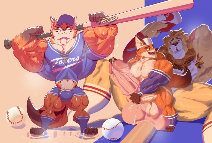 absurd_res anthro armpit_hair backwards_baseball_cap backwards_hat ball balls barazoku baseball_(ball) baseball_bat baseball_cap baseball_uniform bat_(object) big_balls big_bulge big_muscles big_penis blue_clothing bodily_fluids body_hair brown_body brown_fur bulge canid canine clothing cum disney duo ejaculation english_text felid fluffy fluffy_tail footwear fox fur genital_fluids genitals geometric_background hair handjob hat headgear headwear hi_res huge_muscles humanoid_genitalia humanoid_penis jockstrap larger_anthro larger_male leodore_lionheart lion long_socks male male/male mammal mane mane_hair masturbation muscular muscular_anthro muscular_male musk nick_wilde orange_body orange_fur pantherine penile penis penis_size_difference red_clothing sex short_stack simple_background size_difference smaller_anthro smaller_male smile smiling_at_another smiling_at_each_other smiling_at_partner socks sportswear sweat sweatdrop tail tan_body tan_fur text text_on_clothing text_on_object underwear uniform vaniwall white_body white_clothing white_fur zootopia