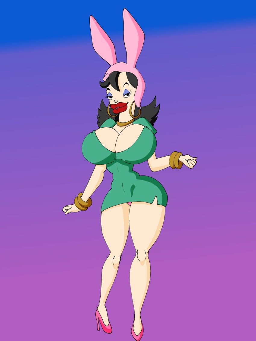 aged_up big_breasts bimbo bimbo_body bimbo_lip bimbo_lips bimbofication bimbofied black_hair bob's_burgers bunny_ears dress fake_animal_ears fake_breasts fake_rabbit_ears long_hair louise_belcher maxtlat plump_lips rabbit_ears solo solo_female tagme thick_thighs